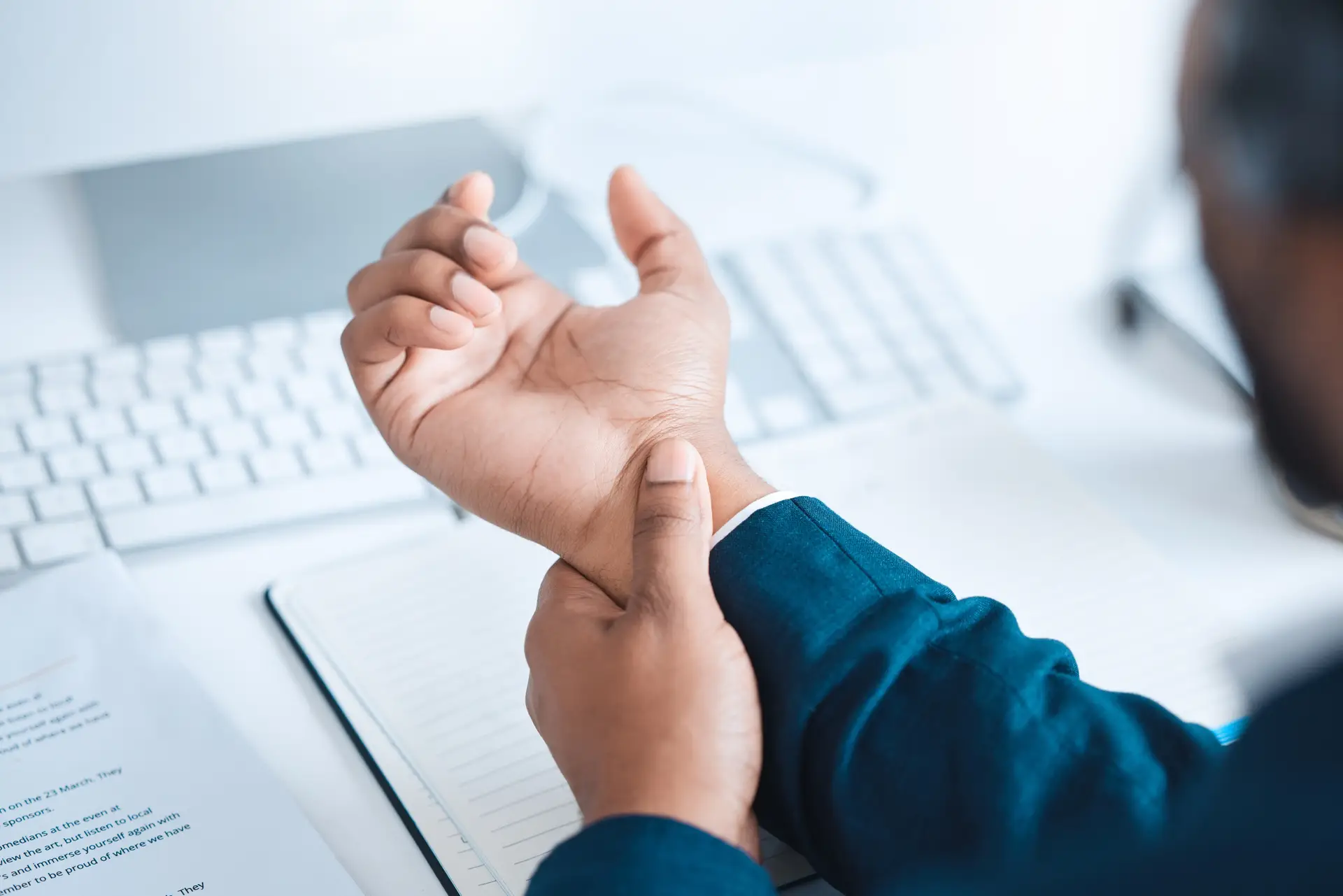 Hands of business man with pain, carpal tunnel syndrome or strain from corporate job, working or ty.