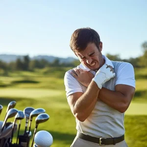 Golfer in pain on a golf course, emphasizing golf injuries and injury prevention.