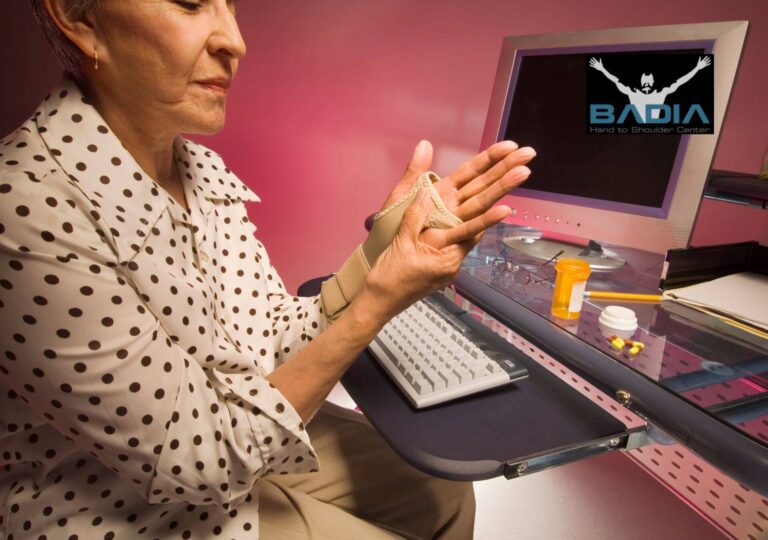 Preventing desk job aches computer related RSI. Illustration of an ergonomic workspace setup, emphasizing proper posture and wrist support to prevent computer-related RSI in the hands, wrists, and elbows.