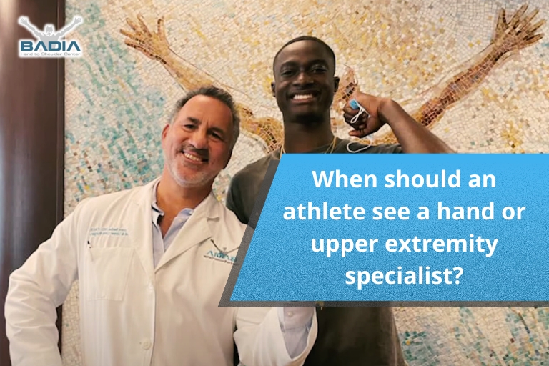 When should an athlete see a hand or upper extremity specialist?